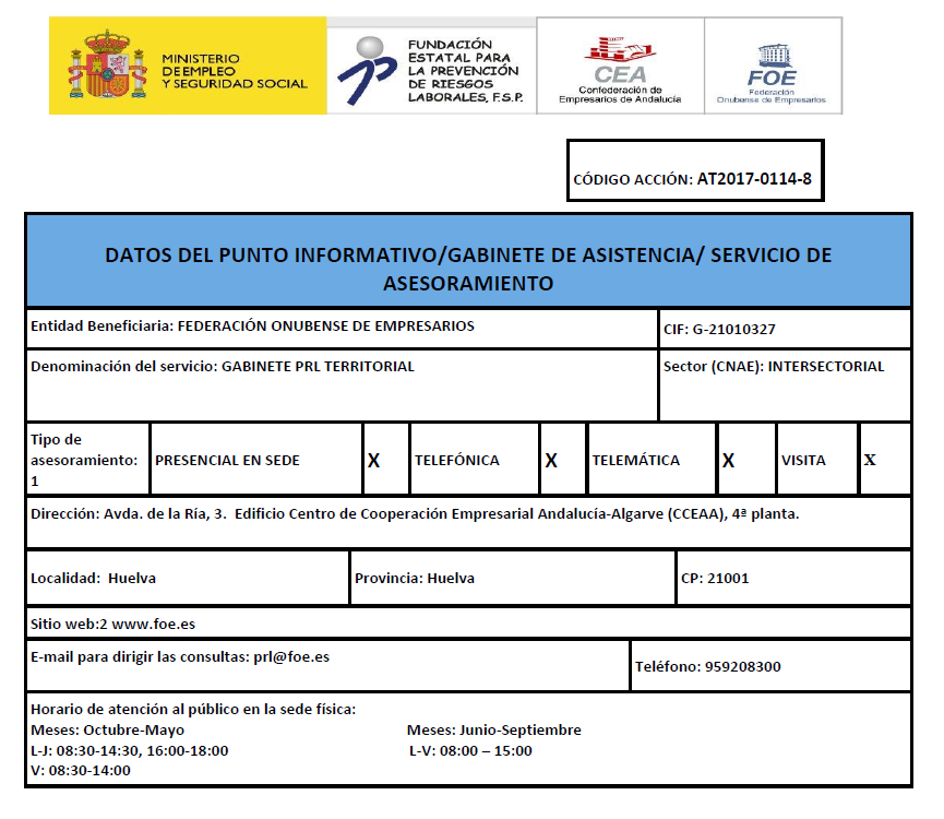 Descripción de la imagen: Andalucía (Huelva) - DATOS DEL PUNTO INFORMATIVO/GABINETE DE ASISTENCIA/ SERVICIO DE ASESORAMIENTO